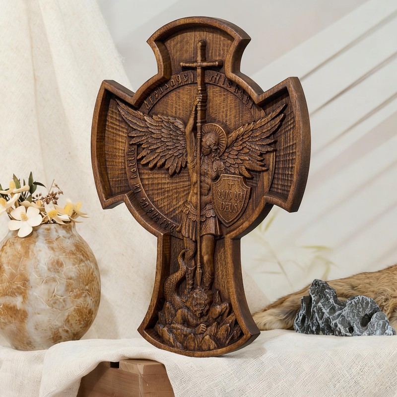 BGCOPPER Archangel Saint Michael Cross Wooden Cross Wall Decor -