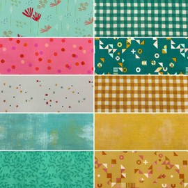 Kt KILOtela Cotton Patchwork, 10 Pieces, 45 x 55 cm, Fat Quarter, Made in Japan, Quilting, Crafts, Sewing, DIY, Flowers, Geometric, Turquoise, Mustard, Pink