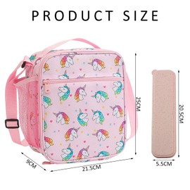1 Lunchtasche mit Regenbogenpferd und 1 Besteckset, tragbare isolierte Picknicktasche, multifunktionale isolierte Tasche mit seitlichen Netztaschen, für Schule, Picknick, Camping (Rosa)