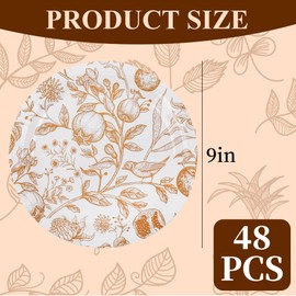 48Pcs Fall Floral Paper Plates Gold Flowers Birds and Fruits Paper Dessert Plates Vintage 9" Disposable Round Plate for Thanksgiving Harvest Birthday Baby Shower Party Supplies