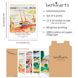 Berkin Arts Wall Art Unframed Prints Giclee Art Paper Set of 4, 11x14 inch Landscape Artwork, Bathroom Decoration Botanical Leaf Multicolor Classic Housewarming Gift Henri Matisse Pictures