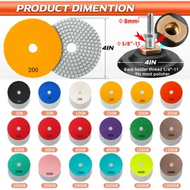 AMZKONIG 20 Pack 4 Inch Diamond Polishing Pads with 5/8’’-11 Backer Pad, 18 PCS Wet/Dry Polish Pad Kit for Drill Grinder Polisher, 30-10000 Grit Polishing Pad for Granite Marble Concrete Stone Quartz