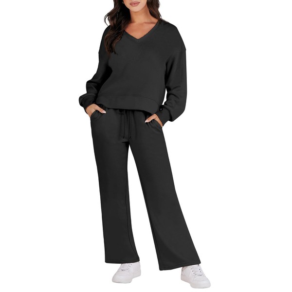 Caracilia 2 Piece Outfits for Women 2023 Casual Loungewear Sets Matching Crop Top and Wide Leg Pants Travel Fashion Clothes Comfy Sweatsuits C80A4-heise-M