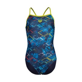 ARENA Girls' Standard Feel Daly Light Drop Back Swimsuit Junior One Piece Bathing Suit, Navy/Soft Green/Navy Multi