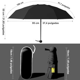 Paraguas de Bolsillo para Lluvia y Solar UV, Paraguas de Bolsillo Reforzado Ocho Huesos y Cinco Pliegues, Mini Paraguas Plegable Ligero Portátil con Caja de Almacenamiento, Mujer Hombre Viaje Negro