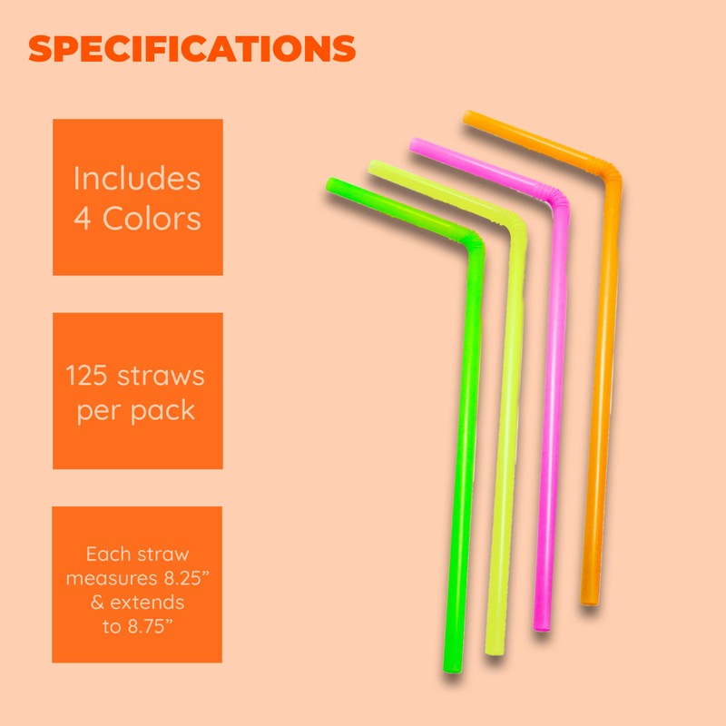 Jacent Flexible Disposable Drinking Straws, Bendable Plastic Neon Straws: 125