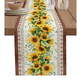 Southwest Sunflowers Table Runner Cotton Linen 72 Inch Holiday Dresser Scarves, Farm Country Floral Vintage Ethnic Tablerunner for Kitchen Coffee Dining Living Room Dinner Scarf Décor 13''x72''