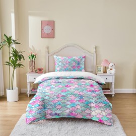 MUSOLEI Mermaid Bedding Set Girls Single Double Colorful 3D Mermaid Tail Blue Duvet Cover Sets Pink Lovely Quilt Cover Soft with Pillwocase (Mermaid Scales, Single)
