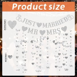 HAFRILY 3 Piece Silver Just Married Decoration Set, Heart-Shaped Just Married Banner Streamer, Wedding Decorations for House Wedding Party Event Decorations with Sparkling Glitter