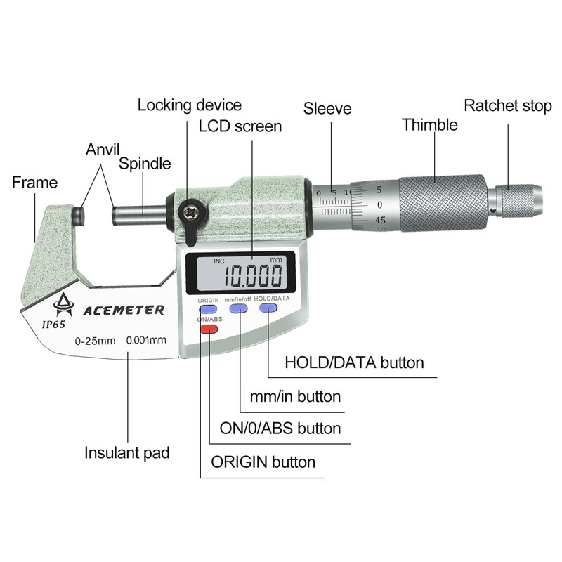 ACEMETER Digital Micrometer Precision Professional 0-1" (0-25mm) Range, 0.00005" (0.001mm)