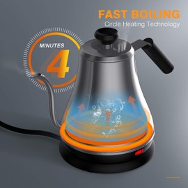 Smooher Electric Gooseneck Kettle, Pour Over Coffee Kettle Pot Portable Cordless Teapot, Stainless Steel BPA-Free Tea with Auto Shut-Off Protection, Quick Heating, 1000 Watt, 0.8L, Silver