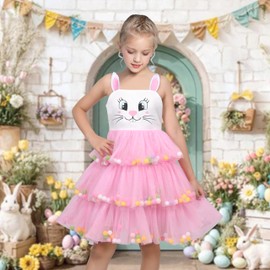 Sunny Fashion Girls Dress Cat Face Black Tower Ruffle Dance Party Size 98-134, Pink Rabbit