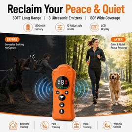 QREIHLPY 2026 Upgraded Dog Bark Deterrent Devices with 10 Adjustable Levels, 50FT 180° Wide Range Trainer with LED Flashlight, 1200mAh Rechargeable Dog Training (Orange and Black)