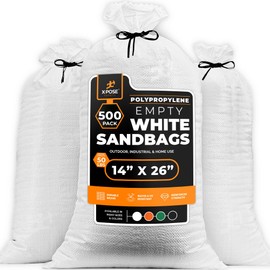 Xpose Safety Heavy Duty Sand Bags with Tie Strings – Empty Woven Polypropylene Sandbags for Hurricane Flood Protection, 50 lb Capacity, 14" x 26", White, Pack of 500