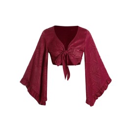 BEAUDRM Women's Y2K 70s Western Tops Tie Front Boho Tops Long Bell Sleeve Country Concert Outfits Cowgirl Hippie Disco Outfit Red Medium