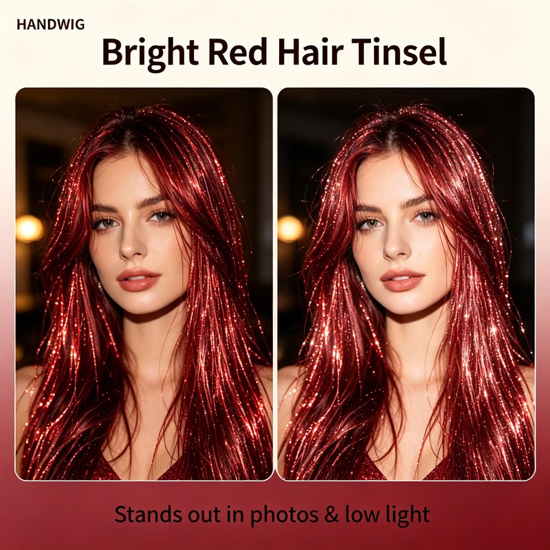 Handwig 80 Strands Bright Red Hair Tinsel, 2-in-1 Kit Vibrant