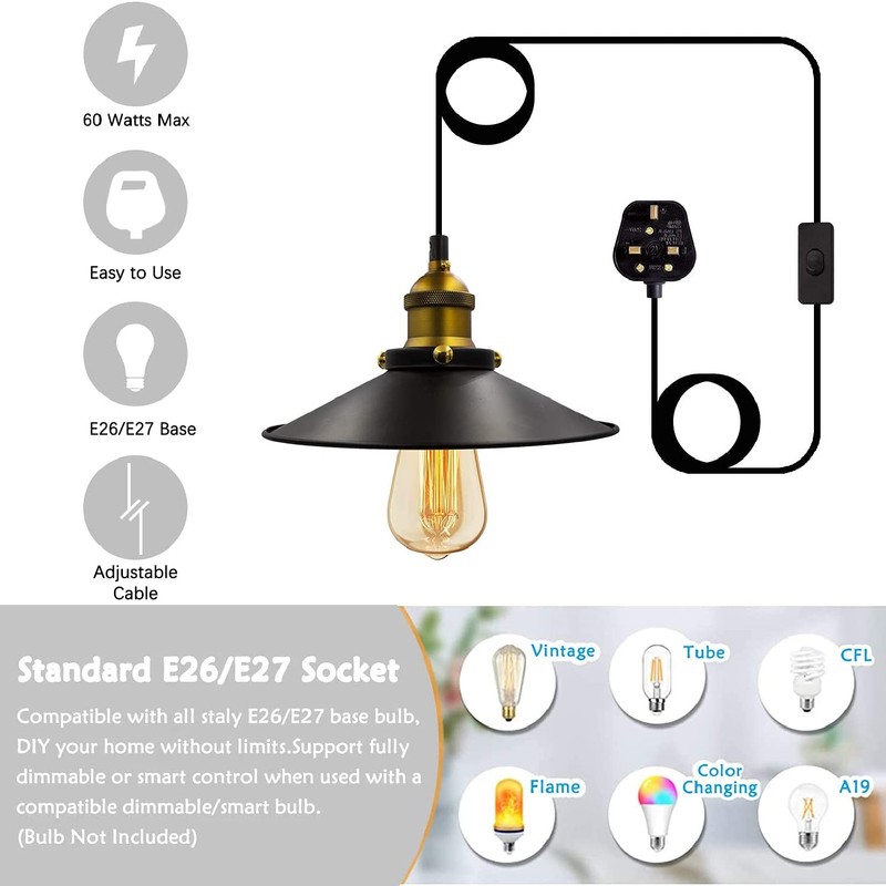 Bronze Industrial Plug in Pendant Light,Vintage Plug in Pendant Lighting,4.5M