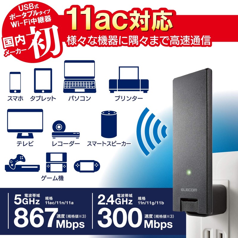 Elecom WTC-1167US-B WiFi Wireless LAN Repeater 11ac/n/a/g/b ac1200 867+300Mbps Black