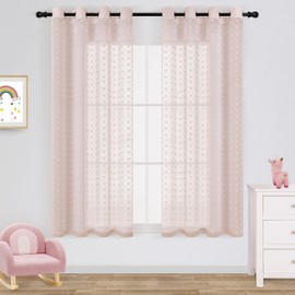 Joywell Curtains Living Room Curtains Transparent Voile Sheer Curtains Girls Room Linen Structure with Eyelets Pompoms Eyelet Curtain Airy Decorative Curtain for Bedroom Children's Room Pink 160 x 140 cm Set of 2