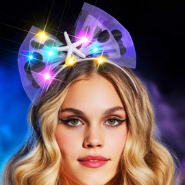 Unsutuo Light Up Dot Bow Headband Starfish Bowknot Headpiece Rave Hair Accessories for Women (White-Color Light, One size)