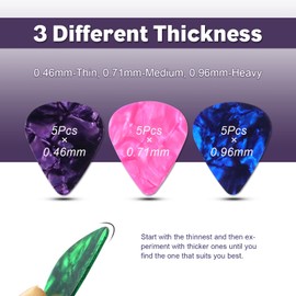 Redamancy Pack of 15 Picks, Celluloid Guitar Picks, 0.46/0.71/0.96 mm, 3 Different Guitar Picks, Plectrums for Acoustic Guitar, Electric Guitar, Bass