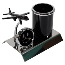 BBRATS Airplane Showpiece Metal Pen Stand for Office Table, Pencil Holder, Single Compartment Desk Organizers with Happy Smiley Analog Table Clock in Black Color for Home Desktop, Dashboard Decoration & Corporate Gifts