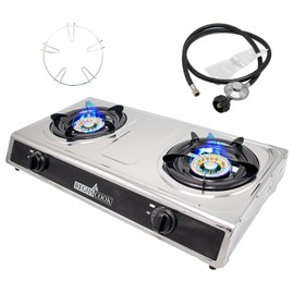 RegiisCook Double Burner Propane Gas Cooktop,Camping Portable LPG Gas Stove, Auto Ignition Stainless Steel Countertop with regulator and burner grate