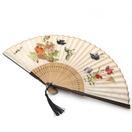 1SourceTek Silk Hand Held Folding Fans 8.27 inches (21cm) Women Hand Held Folding Fans With a Fabric Sleeve Protection for Gifts - Chinese Retro Style (Colorfu Butterfly)