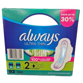 Always Ultra Thin Unscented Overnight Pads Flexi Wings Size 2 Jumbo Pack 92 Pads