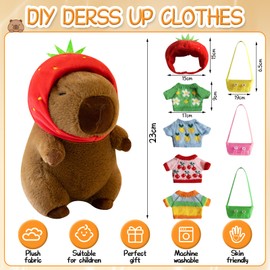 CESHMD Capybara Plush Toy, 23 cm Capybara Cuddly Toy with Strawberry Hat, 4 Sweaters & 3 Pockets, Soft Plush Toy for Children, Home Decoration & Birthday Gift