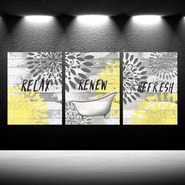3 Pieces Yellow Bathroom Wall Art Prints Dahlia Flowers Relax Refresh Renew Signs on Rustic Wood Background Stretched and Framed Canvas Pictures For Bedroom Each Panel 12x16inch
