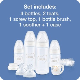 NUK Perfect Start First Choice+ Baby Bottles Set | 0-6 Months | 4 x Temperature Control Bottles, Dummy, Bottle Brush & More | Anti-Colic | BPA-Free | Hearts (White) | 10 Count