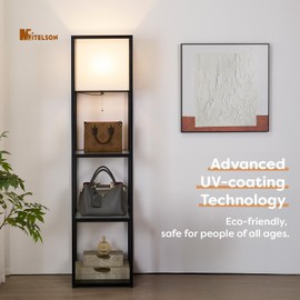 MITELSON Floor Lamp with Shelves, Modern Standing Lamp with Tempered Glass Shelves, Large Display Shelf Lamp, Tall Lamp with Shelves for Living Room, Bedroom, Office, Black