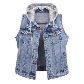 HaoMay Women's Casual Distressed Denim Vest Waistcoat with Removable Hood (Medium, Light Blue)