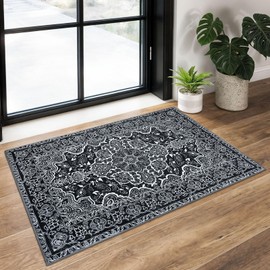 KUTA Oriental Medallion Small Area Rug 2x3 Black Navy Blue Washable Non-Slip Entryway Rugs Soft Printed Retro Vintage Floral Accent Rug for Farmhouse Kitchen Throw Doormat for Entrance