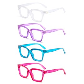 MMOWW Oversized Reading Glasses for Women 4 Pairs Oprah Style Blue Light Blocking Computer Readers（Clear+Purple+Blue+Red+2.0）