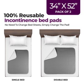 Epicessentials Incontinence Bed Pads Washable Waterproof Mattress Protector 34" x 52" Holds Up to 6 Cups - 500 GSM Heavy Absorbency Pee Pads for Adults, Dogs and Kids Bedwetting - 2 Pack - Grey/White