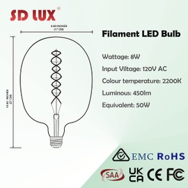 SD LUX Oversized Vintage Giant LED Light Bulb Huge Edison Bulb- Dimmable, 8W 450LM (50W Equi), Warm White 2200K, Medium E26 Base - Perfect for Decorative Pendant Lighting, 1 Pack(DG170)