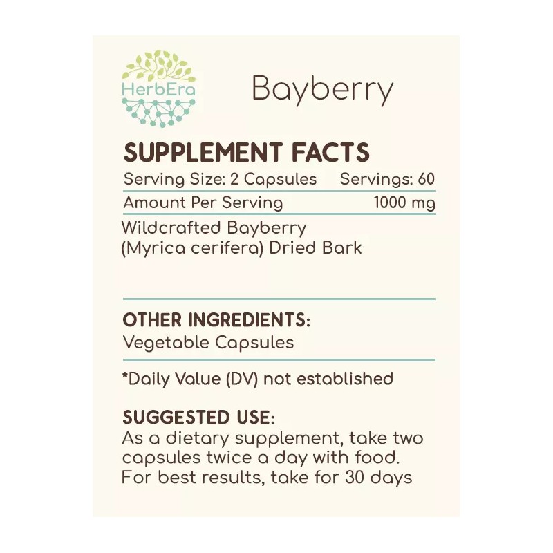 HerbEra Bayberry 60/120 Capsules, 500 mg, Organic (Myrica Cerifera) -