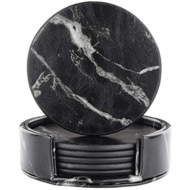 Leather Coasters with Holder Set of 6,Black Marble Coasters for Drinks,Funny Housewarming Gift,Round Cup Mat Pad for Home and Kitchen