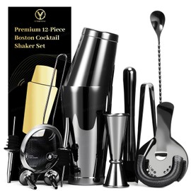 YXT & BEYOND Black Cocktail Shaker Set - 12-Piece Stainless Steel 30oz &20oz Bartender Kit Bar All Tools Set: Boston Shaker, Jigger, Strainer, Mixer Spoon, Muddler, Martini Barware Mixing Tools | Gift