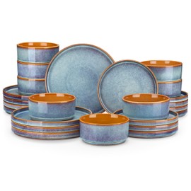 vancasso ONION Ceramic Plates and Bowls Sets, 24 Pieces Blue Dinnerware Sets for Kitchen, Reactive Glaze Dishes Set for 8, Dishwasher and Microwave Safe