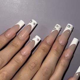 MISUD Press on Nails Long Square Fake Nails Glossy Glue on Nails White French Tip Acrylic Nails Squoval Artificial Nails Pearl Stick on False Nails with Design 24 pcs