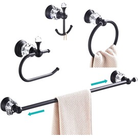 WOLIBEER Crystal Bathroom Hardware, Black 24 Inch Towel Bar Set Toilet Paper Holder Towel Ring Coat Hooks Bathroom Accessories 4 Pieces Wall Mounted