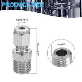 PATIKIL 1/4NPT x 4mm 304 Stainless Steel Compression Tube Fitting, Double Ferrules Compression Tube Fitting Straight Adapter Connect