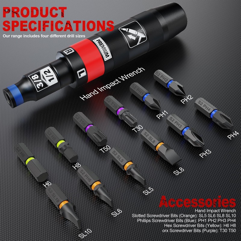 Aurlloct 1/2 Inch Manual Impact Driver Set, Impact Screwdriver Kit,