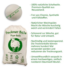 Natural Sheep's Wool Dryer Balls - Laundry Softener, Reduces Wrinkles and is Reusable - Set of 6