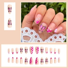 Square Short Press on Nails, Almond Fake Nails Spring Flower Cloud Butterfly with Design, Cute False Nails Fit & Natural Reusable Stick On Nails in 12 Sizes - 24 Fake Nails French Kit,