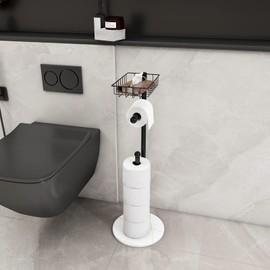 Toilet Paper Holder Stand with Shelf, Free Standing Bathroom Toilet Tissue Holder with Reserve, Modern Heavyweight Marble Base for Jumbo Roll, Black