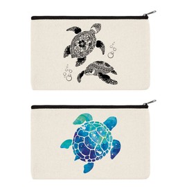 WIRESTER Set Of 2 Canvas Zipper Makeup Bag, Cosmetic Pouch, Organizer Case for Women Girl, Multi-Purpose Travel Cosmetic Bag - Tropical Turtles, Blue Sea Turtle